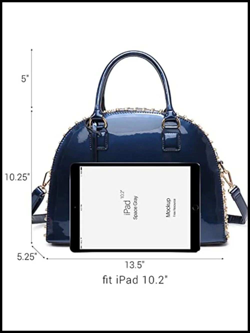 Patent Leather Dome Satchel Bag with Rhinestone & Studs, Work Tote with Long